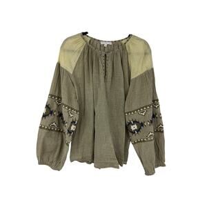 Crosstree Lane Womens XL Gauze Cotton Boho Top Green Embroidered Puff Sleeve
